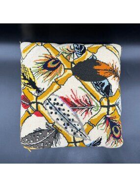 Vintage Handmade Needlepoint Throw Pillow Feathers Bamboo Harvest Gold Boho 70s